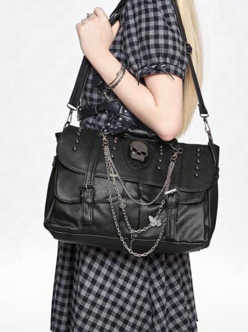 Back vegan leather bag skull and chains biker goth - Picture 2 of 6